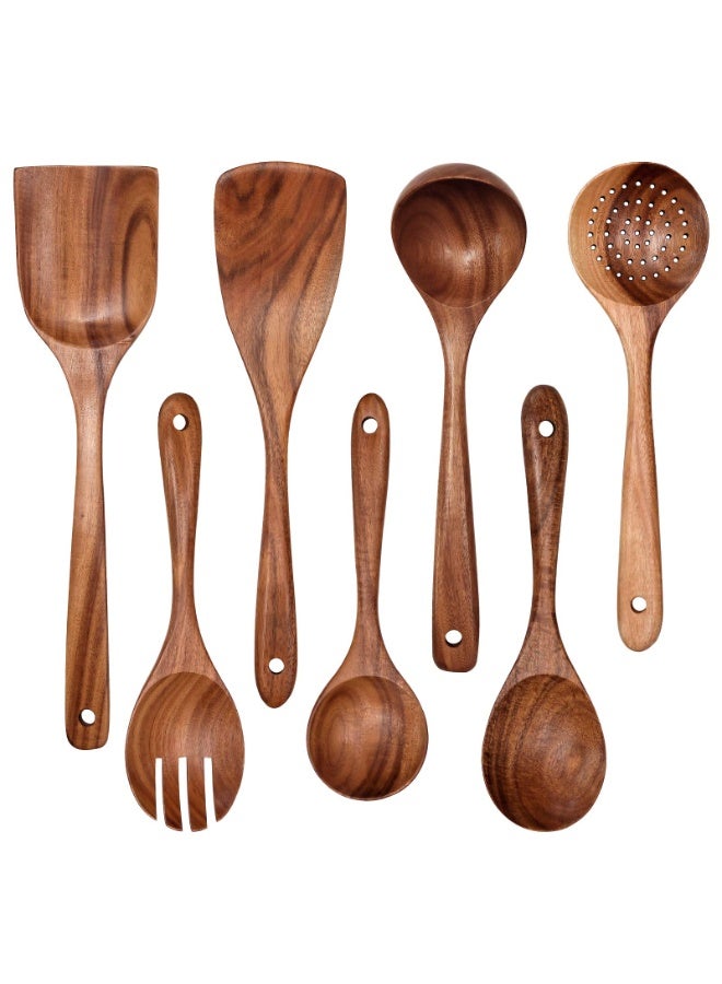 Wooden Non-Stick Kitchen Pan Toolset 7 Pieces Set,100% Natural Teak Kitchen Utensils Spatula, Wooden Cooking Utensils Spoons, Fried Spatula and Salad Fork - Image 1